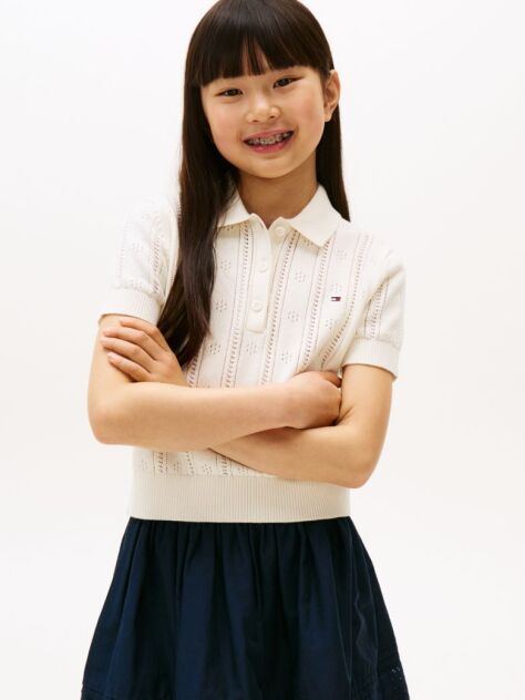 Beige Pointelle Relaxed Polo Shirt  Girls