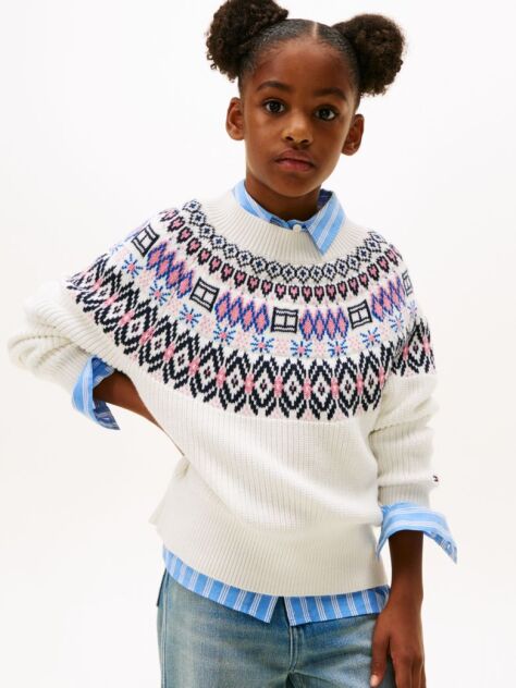 Beige Fair Isle Relaxed Balloon Sleeve Jumper  Girls