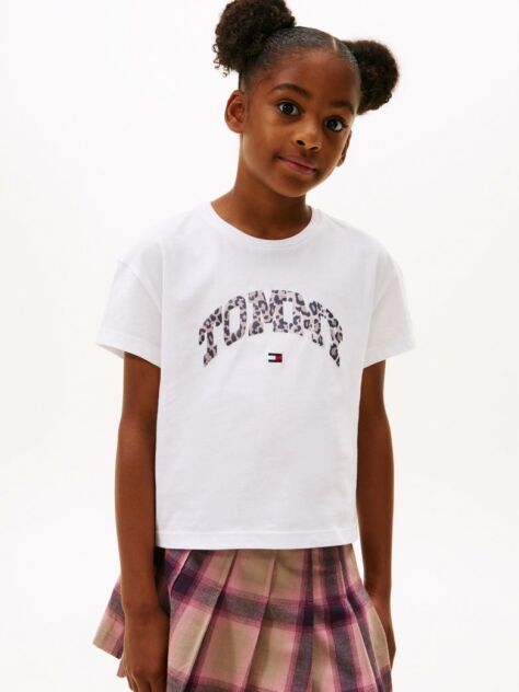 White Varsity Leopard Print Sateen Logo T-Shirt  Girls