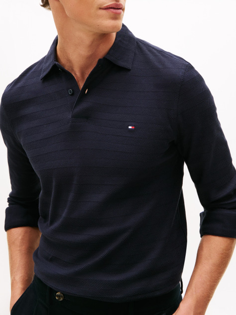 Blue Herringbone Jacquard Long Sleeve Polo Shirt  Men