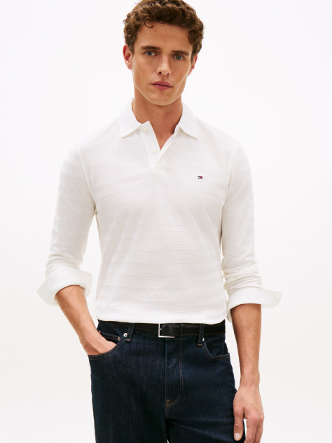 Beige Herringbone Jacquard Long Sleeve Polo Shirt  Men
