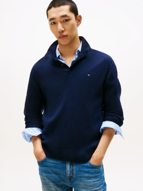 Blue Pima Cotton Mock Neck Sweater  Men