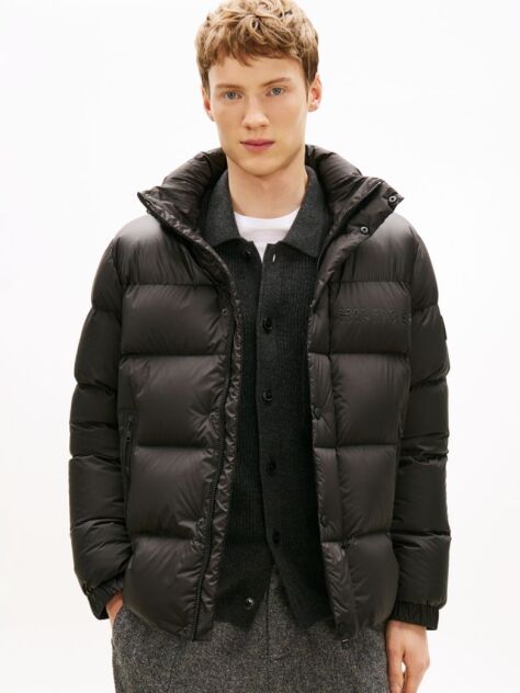 Black Water Repellent Down Hooded Puffer Jacket  Men