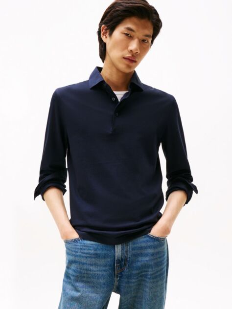 Blue Smart Casual Slim Fit Long Sleeve Polo Shirt  Men