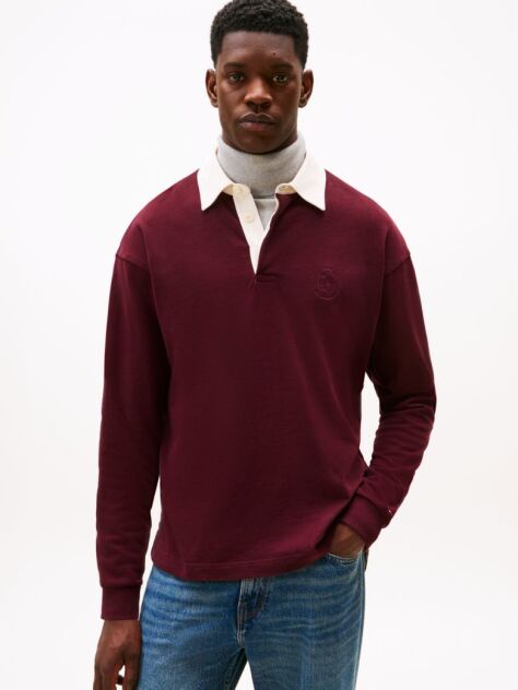 Red Varsity Contrast Collar Relaxed Rugby Shirt  Men