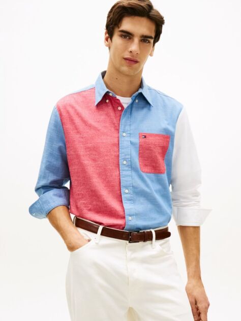 Multi Hilfiger Flag Relaxed Fit Colour-Blocked Chambray Shirt  Men