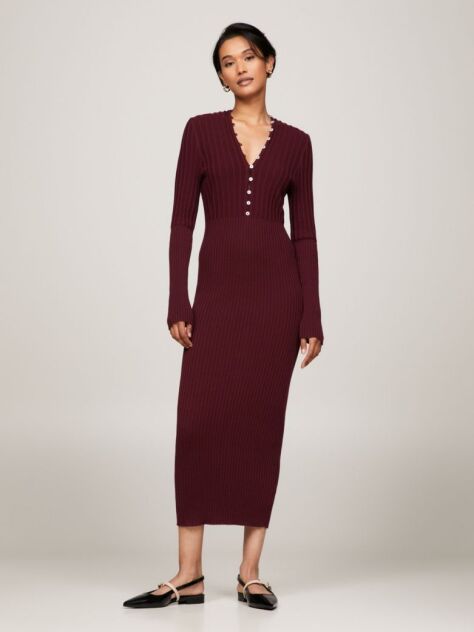 Red Button V-Neck Slim Sweater Dress  Women