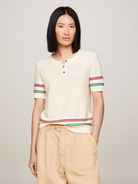 Multi Stripe Henley Neck Short Sleeve Jumper  Women