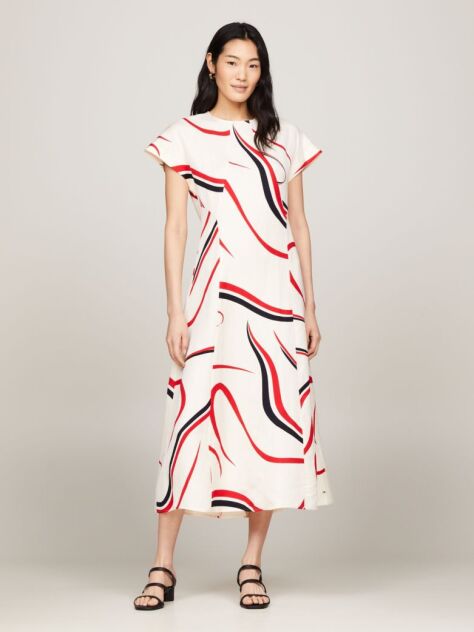 Multi Ribbon Print Fit And Flare Midi Dress  Women