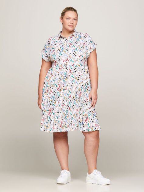 Multi Curve TH Monogram Pleated Short Sleeve Shirt Dress  Women