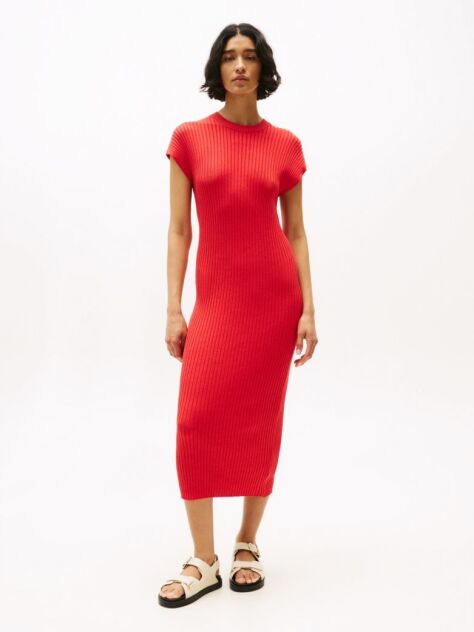 Red Cap Sleeve Ribbed Midi Jumper Dress  Women
