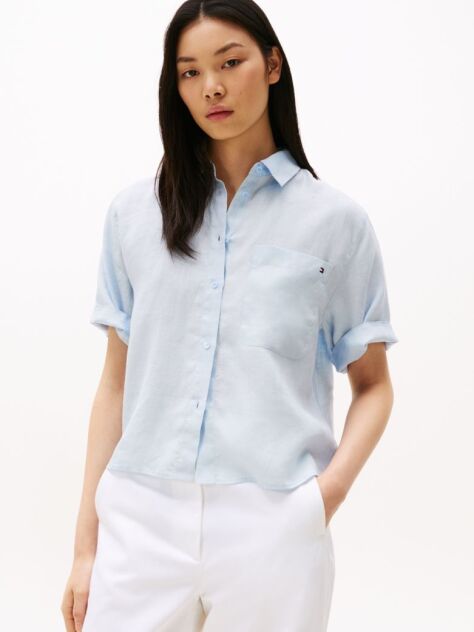Blue Relaxed Fit Short Sleeve Linen Shirt  Women