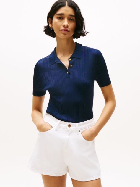 Blue Ribbed Short Sleeve Polo Jumper  Women