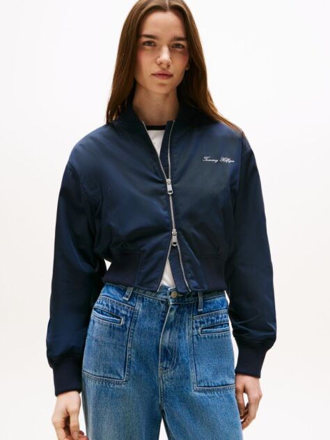 Blue Water Repellent Relaxed Short Bomber Jacket  Women