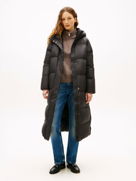 Black Down Hooded Longline Puffer Coat  Women