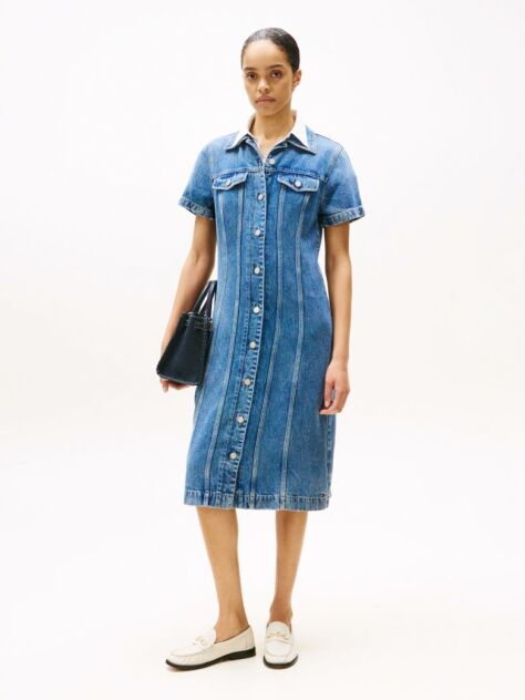 Blue Midi Denim Short Sleeve Shirt Dress  Women