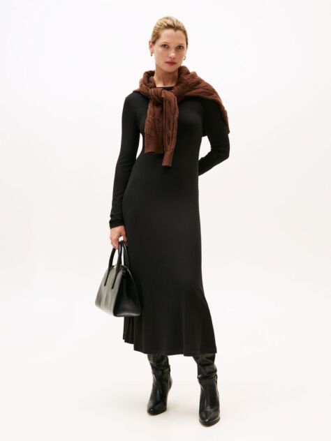 Black Ribbed Midi Fit And Flare Dress  Women
