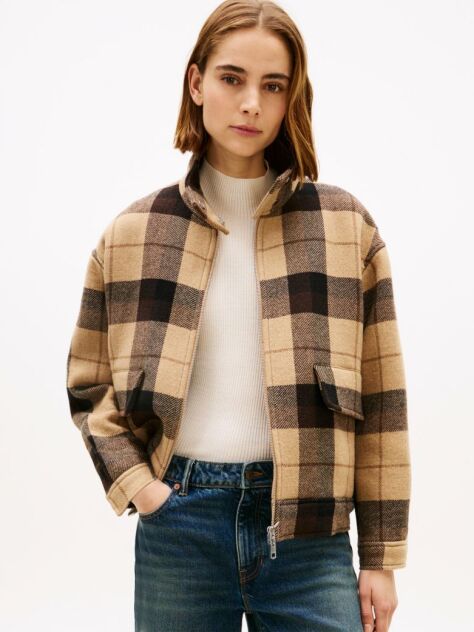 Multi Check Wool Blend Relaxed Harrington Jacket  Women
