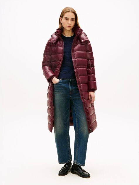 Red Shiny Down Longline Puffer Coat  Women
