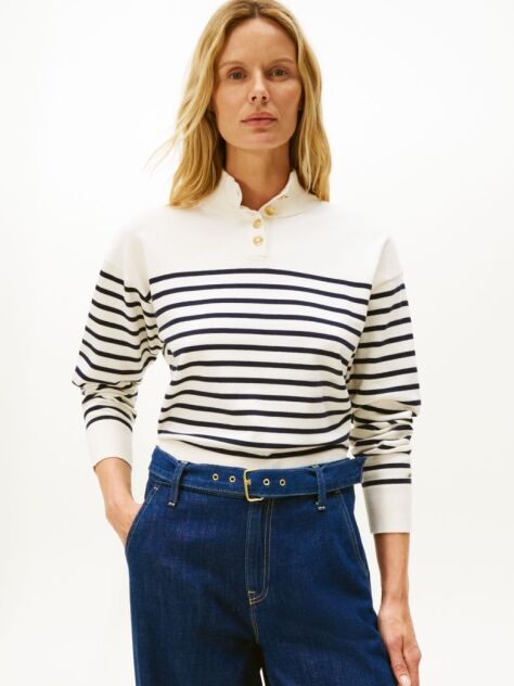 Multi Stripe Gold-Tone Button Mock Neck Jumper  Women