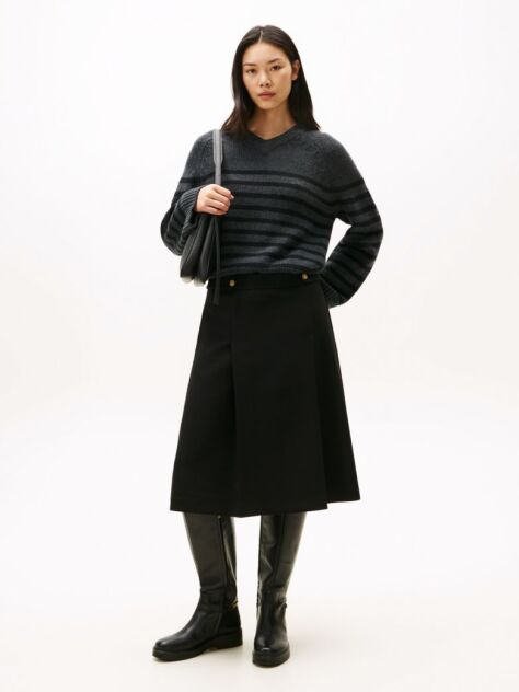 Black Gold-Tone Button A-Line Midi Skirt  Women