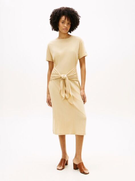 Beige Textured Knot Relaxed Midi T-Shirt Dress  Women