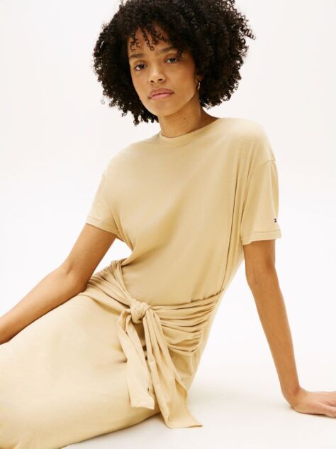Beige Textured Knot Relaxed Midi T-Shirt Dress  Women