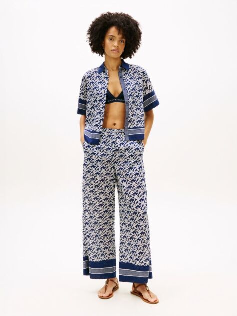 Blue Print Voile Wide Leg Trousers With Silk  Women