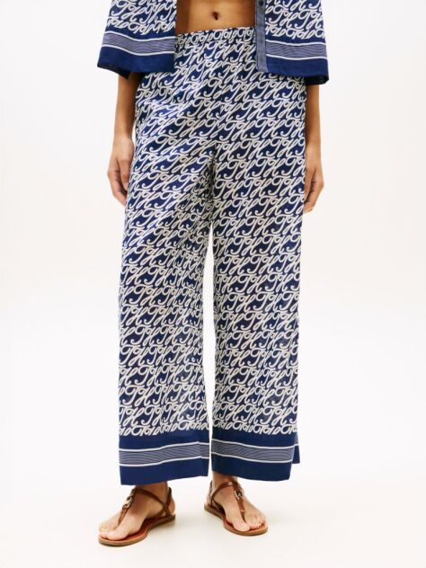 Blue Print Voile Wide Leg Trousers With Silk  Women