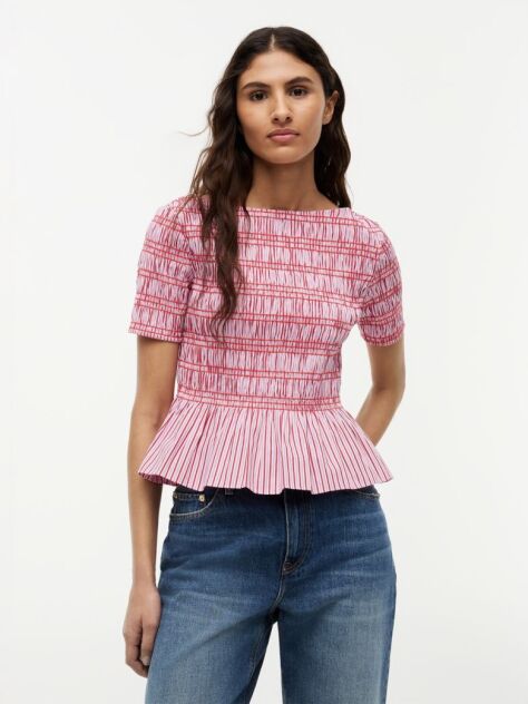 Multi Smock Stripe Ruffle Boat Neck Top  Women