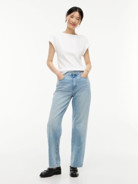 White Gold-Tone Button Boat Neck T-Shirt  Women