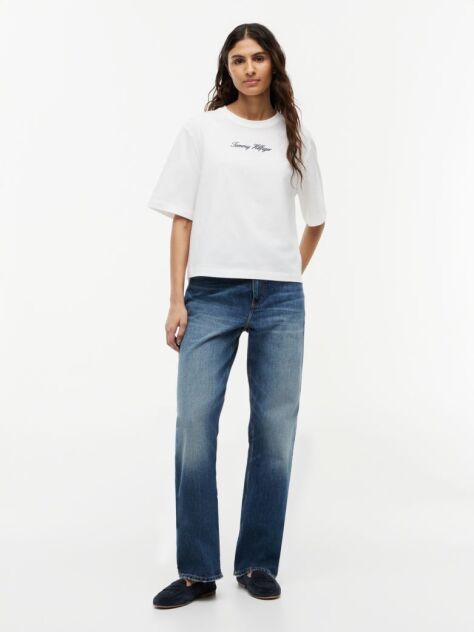 White Logo Embroidery Relaxed Crew Neck T-Shirt  Women