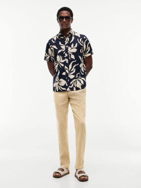 Khaki Harlem Tapered Leg Linen Blend Chinos  Men