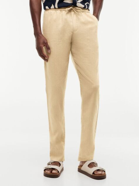 Khaki Harlem Tapered Leg Linen Blend Chinos  Men
