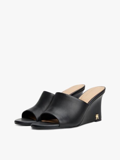 Black Leather TH Monogram Plaque Wedge Mules  Women