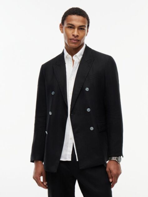 Black Smart Casual Regular Fit Pure Linen Blazer  Men