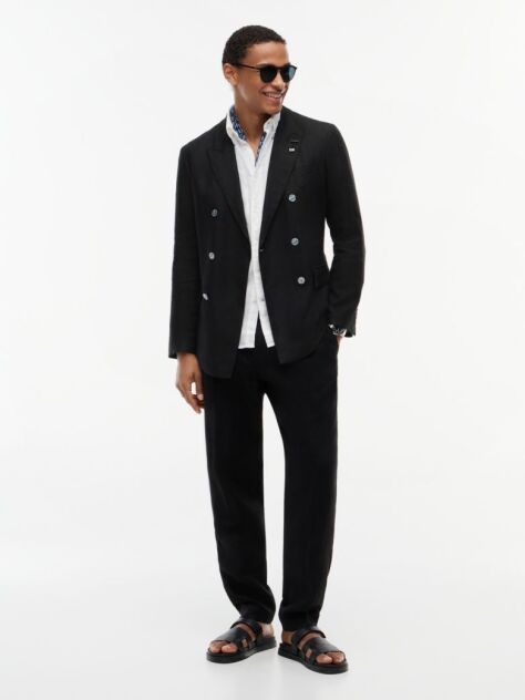 Black Smart Casual Regular Fit Pure Linen Blazer  Men