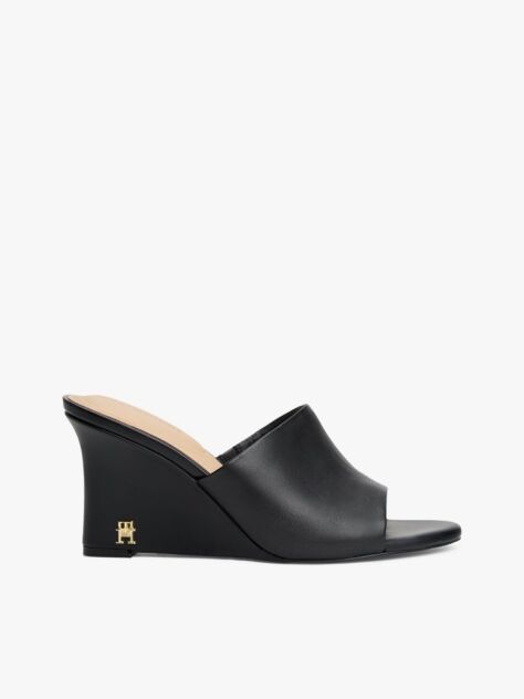 Black Leather TH Monogram Plaque Wedge Mules  Women