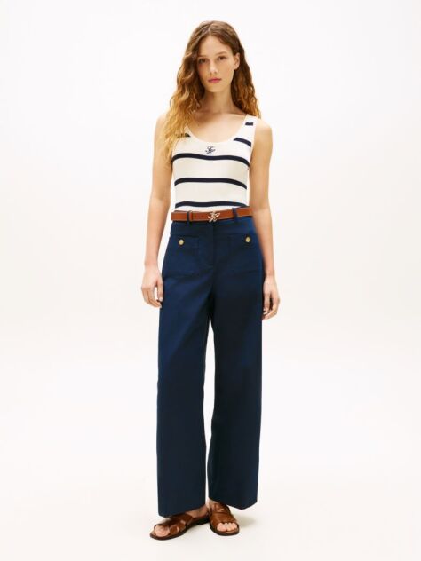 Blue Crest Embossed Button Wide Leg Chinos  Women