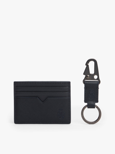 Blue Leather Card Holder And Key Fob Set  Men