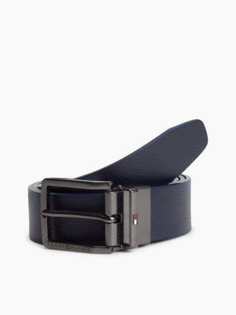 Blue Reversible Textured Leather Square Buckle Belt  Men