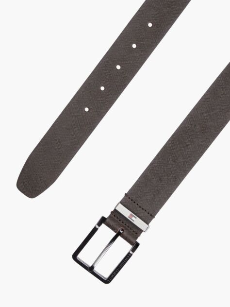 Brown Leather Logo Square Buckle Textured Belt  Men
