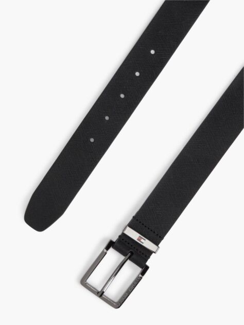 Black Leather Logo Square Buckle Textured Belt  Men
