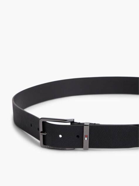 Black Leather Logo Square Buckle Textured Belt  Men