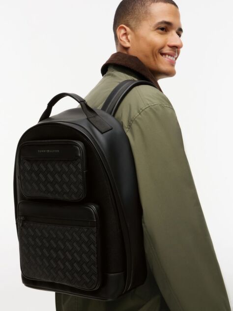 Black Modern Textured Dome Backpack  Men