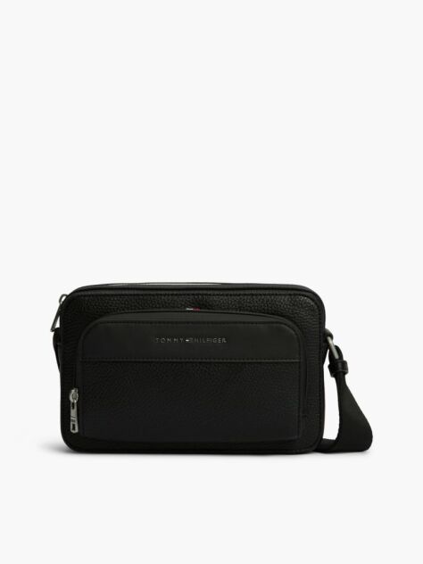 Black Metal Logo Textured Crossbody Reporter Bag  Men