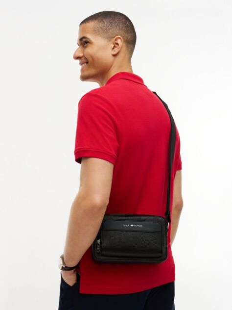 Black Metal Logo Textured Crossbody Reporter Bag  Men