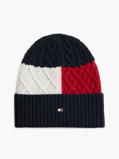 Blue Wool Blend Cable Knit Flag Beanie  Men