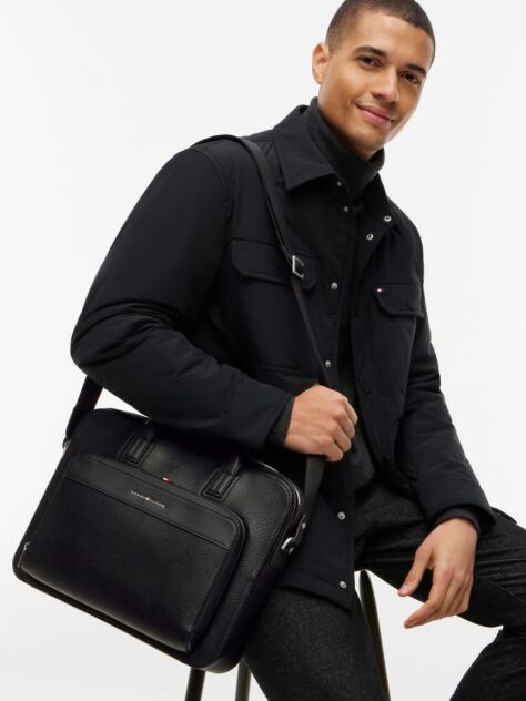 Black Metal Logo Textured Slim Laptop Bag  Men