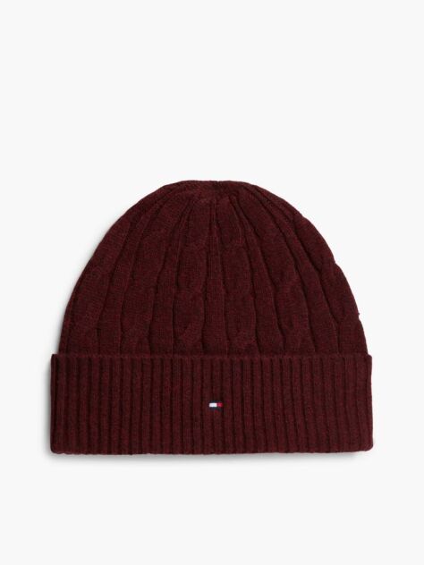 Red Lambswool Blend Cable Knit Flag Beanie  Men